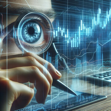 Photo real with for Market Insights Concept as Zoomed-in on a financial analyst’s eyes as they study fluctuating stock market screens Financial Analysis theme