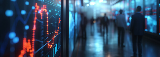 Digital screens display surging stock market graphs, with traders intently studying the illuminated charts, the depth of field emphasizing the charts in the foreground. - obrazy, fototapety, plakaty