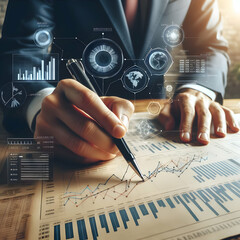 Photo real with for Strategic Investments Concept as Detailed view of a businessperson marking key points on a financial newspaper Financial Analysis theme  - obrazy, fototapety, plakaty