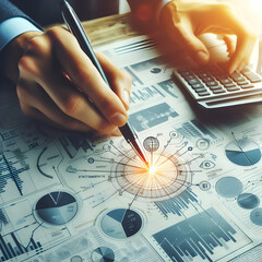 Photo real with for Strategic Investments Concept as Detailed view of a businessperson marking key points on a financial newspaper Financial Analysis theme  - obrazy, fototapety, plakaty