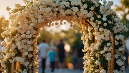 Fototapeta premium an archway filled with white flowers, in the style of bokeh panorama, light orange and light gold, wedding backdrop, wedding photography
