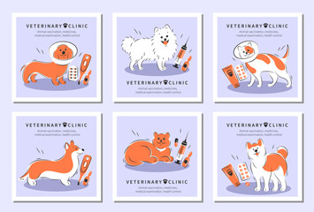 Fototapeta premium Veterinarian clinic or hospital for animals. Animal vaccination, medicines, medical examination, health control. Treatment of cats and dogs. Vector illustration