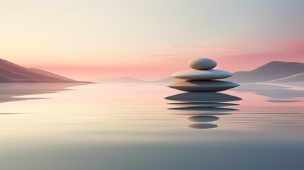 Fototapeta na wymiar Minimalist Zen garden at dawn, harmonious balance of nature and simplicity, smooth stones in tranquil water