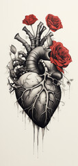 anatomical print of a heart drawing in black and white, with a red rose wrapped around the heart сreated with Generative Ai