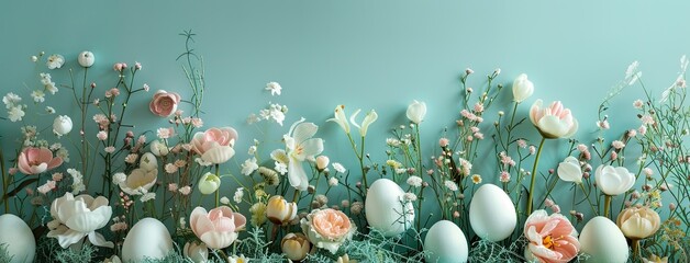 spring and Easter celebrations, characterized by light pastel colors, floral motifs, relief paintings, and generous whitespace for textual content. - obrazy, fototapety, plakaty