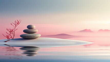 Minimalist Zen garden at dawn, harmonious balance of nature and simplicity, smooth stones in tranquil water - obrazy, fototapety, plakaty