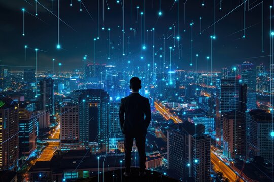 Metaverse Crypto Currency  Businessman in Futuristic City