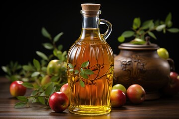 Superior view apple vinegar in bottle in the white background juice fruit color ph, generative IA