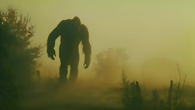 Witness a large, hairy bigfoot creature moving through a dense, fog-covered forest