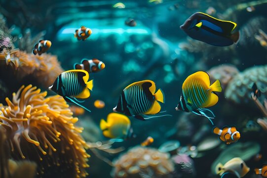 Aquarium Underwater Life: Transport viewers to the magical world beneath the sea with a vibrant photo of marine life in an aquarium.

