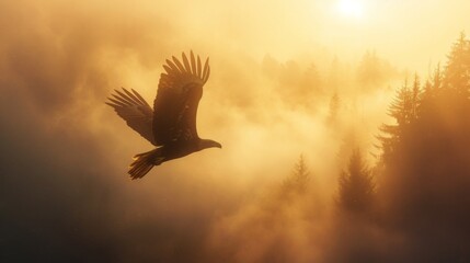 A bald eagle flying in sky at sunrise in wild.