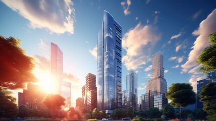 Photorealistic Tall building and behind it a beautiful and sky