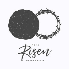 He is risen, Christian banner with open tomb and crown of thorns. Web banner or church poster design for Good Friday. Vector illustration