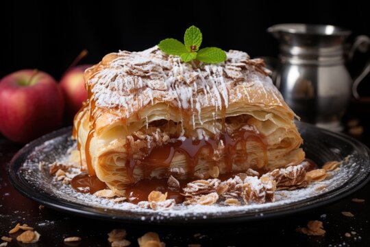 Piece of apple strudel with icing sugar on a plate, generative IA