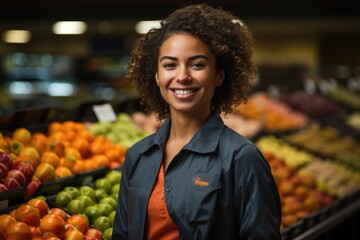 Woman portrait in supermarket holding fruits and smiling, generative IA