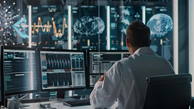 Professional analyzes complex data across multiple computer screens in a modern surveillance office