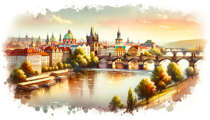 watercolor painting in a widescreen format that depicts a summer landscape of Prague. 