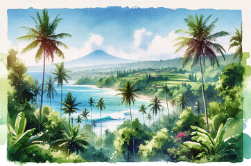Fototapeta na wymiar watercolor painting in a widescreen format that captures the vibrant summer landscape of Bali, Indonesia