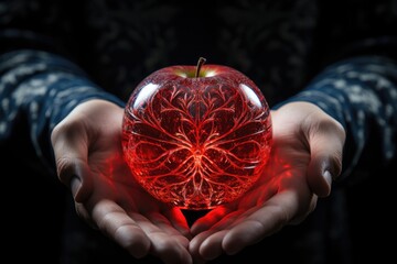 Front view of the red apple in hands on the dark surface, generative IA