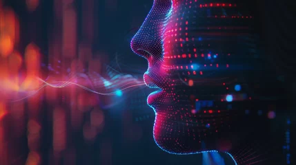 Fotobehang 3D rendered interface of a voice recognition security system displaying a digital human silhouette with sound wave patterns emanating from the mouth area © JR-50
