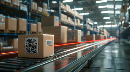 Realistic depiction of secure product tracking in a global supply chain with QR codes on packages being scanned and verified against a blockchain database
