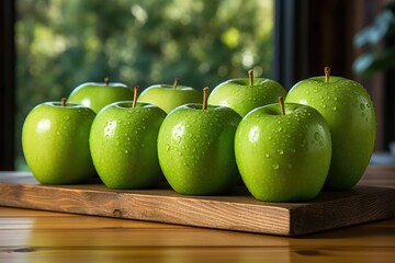 Superior view of green apples on wood bottom with copy space, generative IA