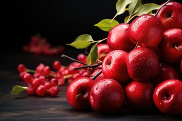 Upper view of fresh red apples on dark table with free space, generative IA