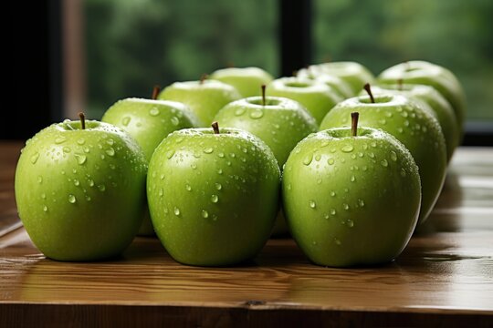 Superior view of green apples on wood bottom with copy space, generative IA