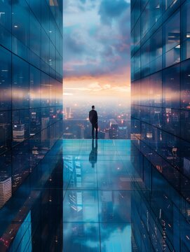 businessman on modern glass building. success concept image. 
