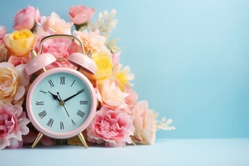 Vintage alarm clock surrounded by delicate pastel flowers on soft floral background