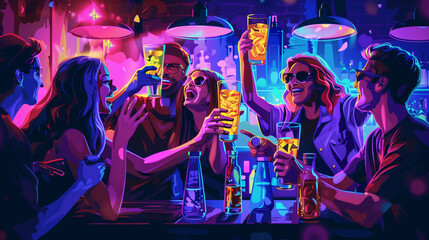Friends enjoying drinks at a vibrant bar.