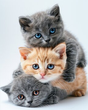 Group of cat in front of white background, Three cute cats on top of the head close up