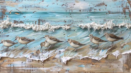a small flock of sandpipers foraging for food along the surf, painted on an aged wooden board with a soothing blue and beige color palette.