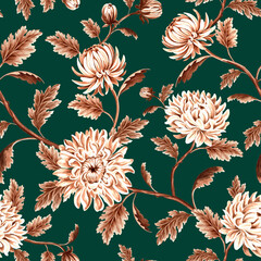 Seamless pattern monochrome from chrysanthemum with leaves on green background. Hand drawn watercolor illustration brown color. Garden flowers. Template for wallpaper, scrapbooking, wrapping, textile.
