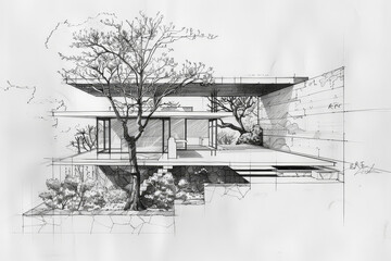 Illustration of architecture hospitality commercial project. AI Generative sketch of hotel in exterior front view perspective of residential villa area.