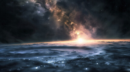 Fototapeta premium A celestial panorama of radiant stars piercing through nebulous clouds, a space background.. Beautiful simple AI generated image in 4K, unique.