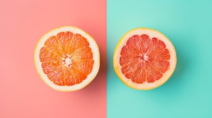 slices of citrus fruits on pastel colored background.  - obrazy, fototapety, plakaty
