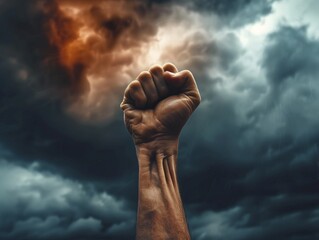 the clenched fist of a person raised against a stormy sky, a sign of resistance, strength, and empowerment - obrazy, fototapety, plakaty