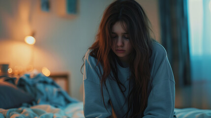 Sadly depressed teenager girl sitting head down alone in her bedroom. - obrazy, fototapety, plakaty