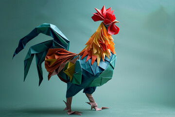 colorful origami rooster on a blue background, inspired by the artistic styles of king. this photographically detailed portrait showcases inventive character - obrazy, fototapety, plakaty