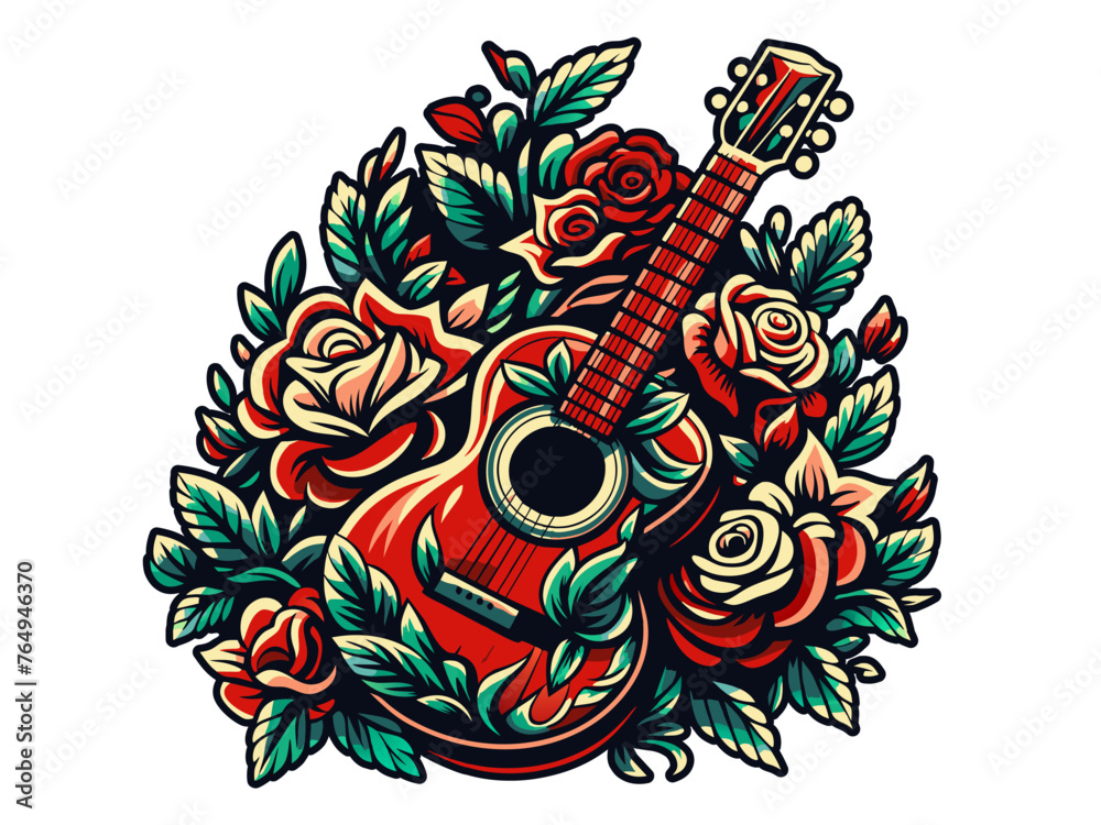 Wall mural Mexican festival Cinco de mayo. Vibrant illustration of a guitar surrounded by roses, perfect for music and art themes