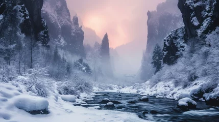 Foto op Plexiglas Majestic landscape of rugged lands valley in winter with snow. © rabbit75_fot