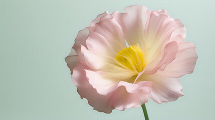 A delicate pink flower with a vibrant yellow center stands out against a soft teal background