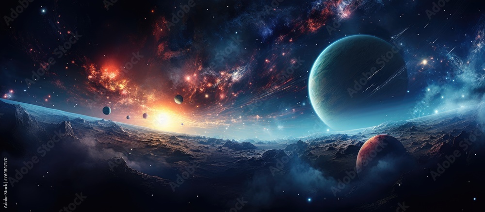 Wall mural a depiction of the planets seen from outer space with a background filled with stars and celestial b