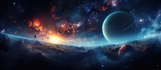 A depiction of the planets seen from outer space with a background filled with stars and celestial...