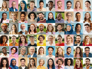 Collage portrait of multiracial smiling different business people. A lot of happy modern people...