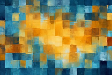 gold and blue squares on the background, in the style of soft, blended brushstrokes
