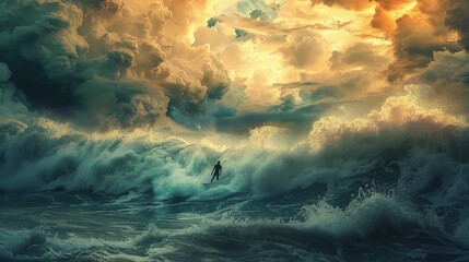 Solitary Surfer Conquering the Elements Bold Adventure in the Midst of Nature's Fury - obrazy, fototapety, plakaty