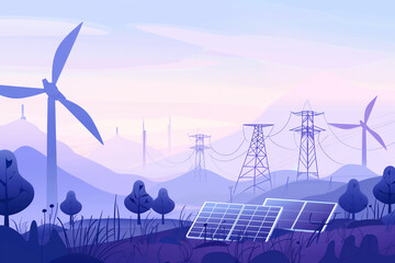 A renewable energy theme, showcasing wind turbines and a solar panel with power transmission towers...