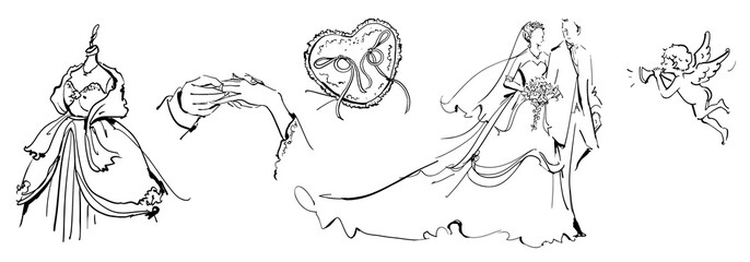 Bride and groom, fairy, trumpet, wedding dress, cupid, ring exchange, ring pillow, wedding ring,